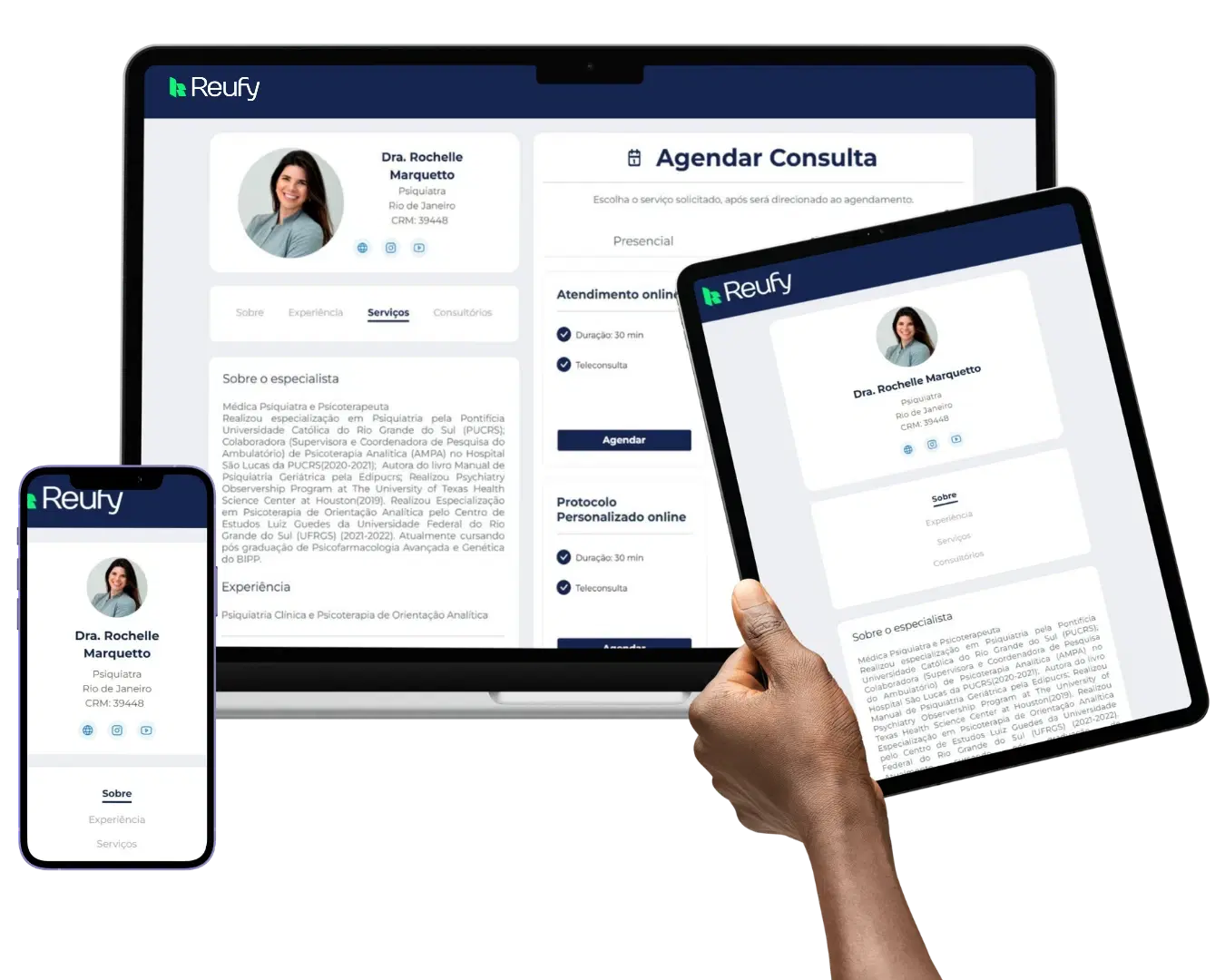 Perfil público do profissional no Reufy Start com agendamento e pagamento embutidos