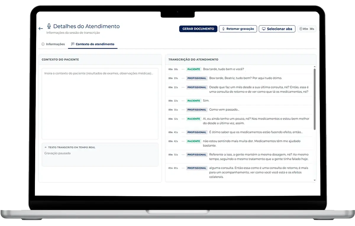 Transcrição de consulta por IA gerando o prontuário estruturado no Reufy Start